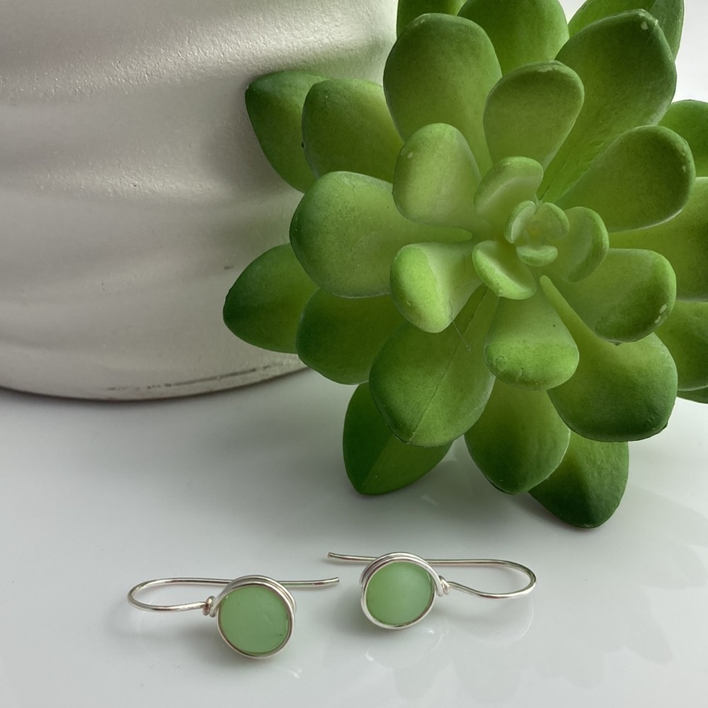 Green Sea Glass Minimalist Wire Wrapped Earrings - Picture 11 of 12
